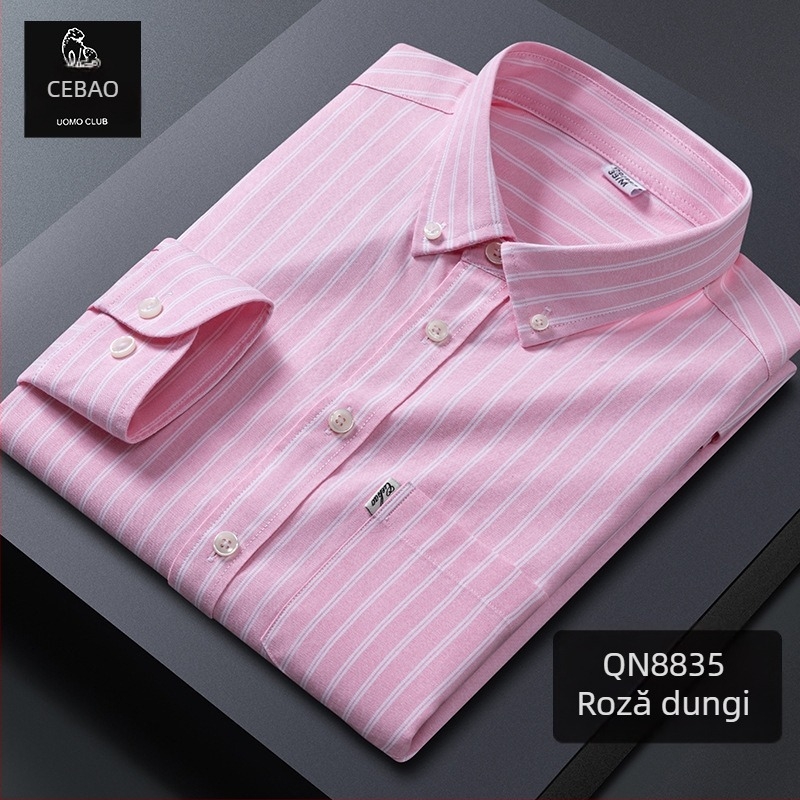 Cămașă din bumbac 100% Oxford, în dungi, mânecă lungă, guler cu nasturi, respirabilă