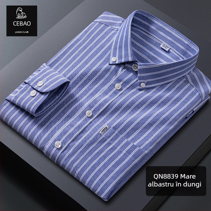 Cămașă din bumbac 100% Oxford, în dungi, mânecă lungă, guler cu nasturi, respirabilă