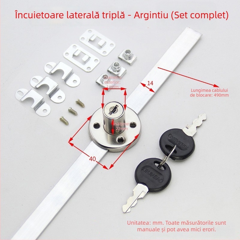 Încuietoare pentru sertarul lateral al biroului cu interblocare triplă pentru dosare — aliaj zinc, cap cilindru