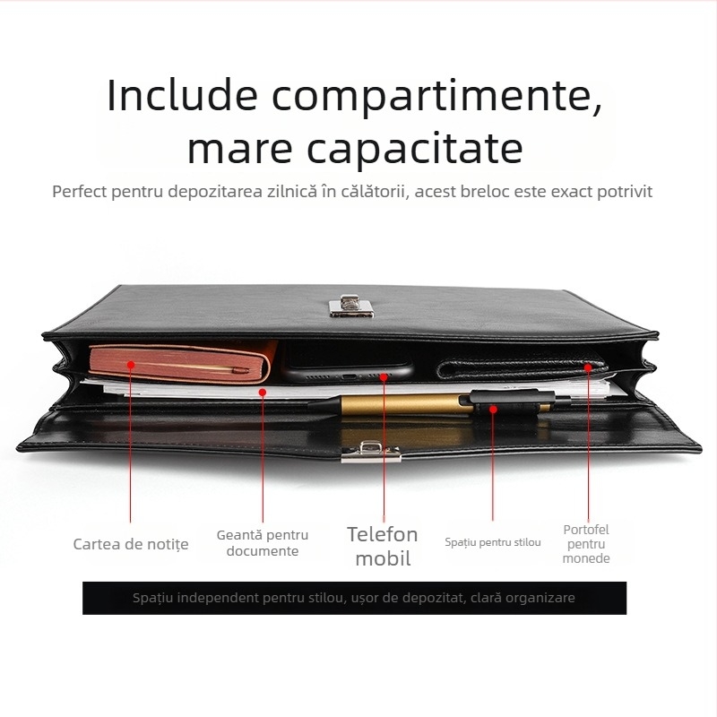 Mapă din piele pentru documente A4 cu încuietoare prin parolă, model A4B01; Material: piele; Imprimare logo: Da; Personalizare: Da; Grosime material: 1,5 mm