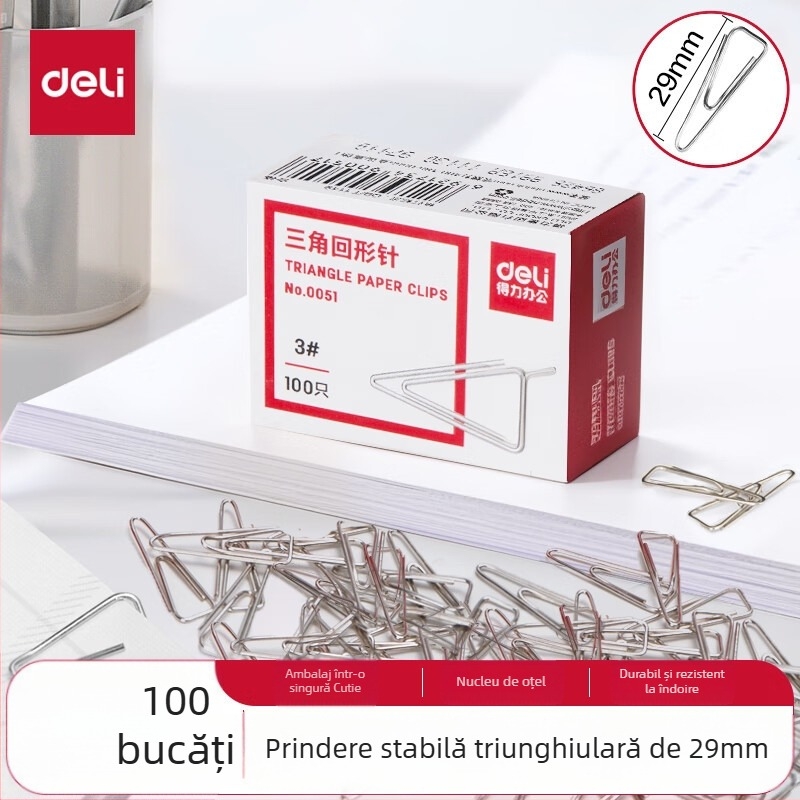Deli clips de hârtie triunghiulare 0051, metal, obiecte de birou, ambalate în cutie, 100 buc.