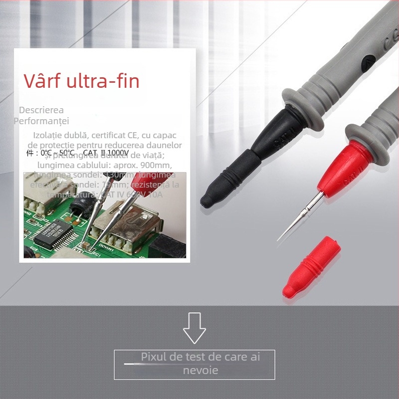 Vârf de sondă pentru multimetră - curent înalt, vârf extrem de ascuțit și fin; tip universal; cap din oțel inox 304, alamă nichelată; cablu PVC izolat cu 42 conductori