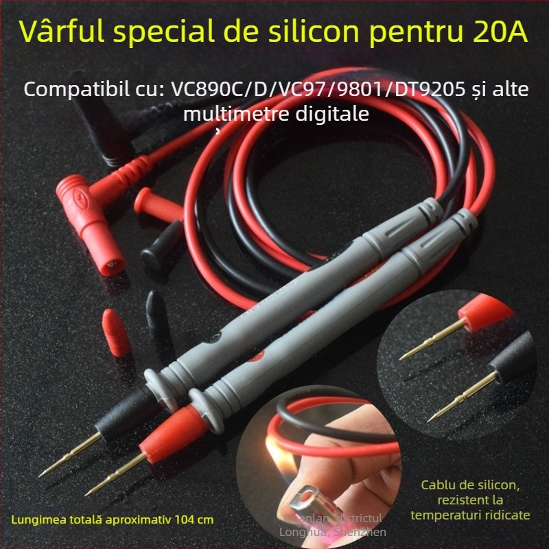 VC890D Sondă pentru multimetru cu cablu din silicon, 1000V/20A, vârf din cupru placat cu aur