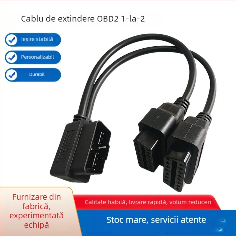 Cablu extensor OBD2 cu două prize, pentru diagnoza auto, 12V, -20°C până la 85°C, compatibil cu toate interfețele OBD2
