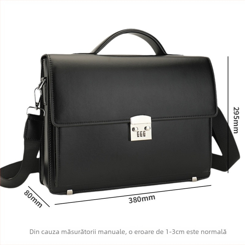 Geantă de afaceri din piele naturală pentru bărbați, cu lacăt de parolă, din piele de vită din primul strat, model în dungi, căptușeală din poliester, pentru călătorii de afaceri