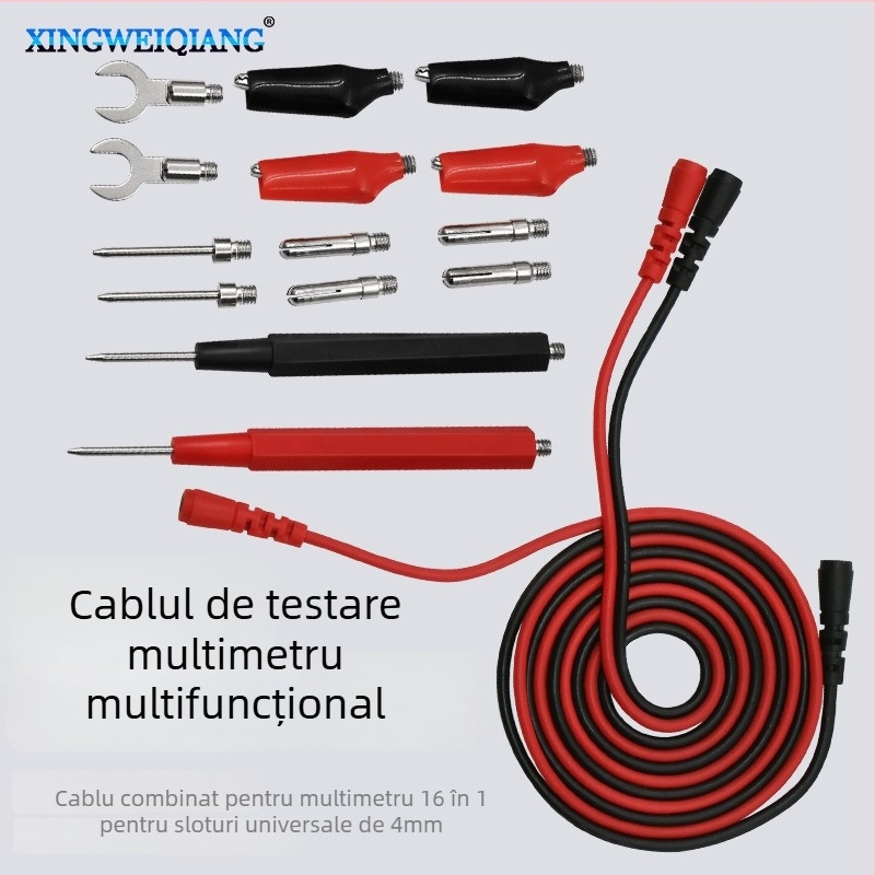 Set de fire de test pentru multimetru 16‑în‑1 cu conector banana, cablu de test combinat, model 2020032510, construcție metal + adeziv