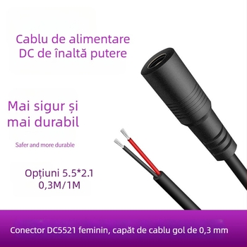 Cablu de alimentare DC5521, mufă femelă, 0,3 mm², 2 conductori, izolație PVC, pentru camere de supraveghere, LED panouri și echipamente de test.
