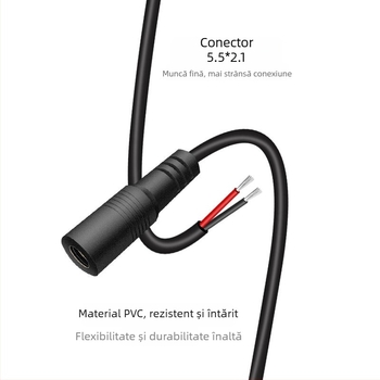 Cablu de alimentare DC5521, mufă femelă, 0,3 mm², 2 conductori, izolație PVC, pentru camere de supraveghere, LED panouri și echipamente de test.