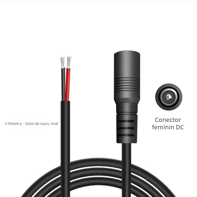 Cablu de alimentare DC5521, mufă femelă, 0,3 mm², 2 conductori, izolație PVC, pentru camere de supraveghere, LED panouri și echipamente de test.
