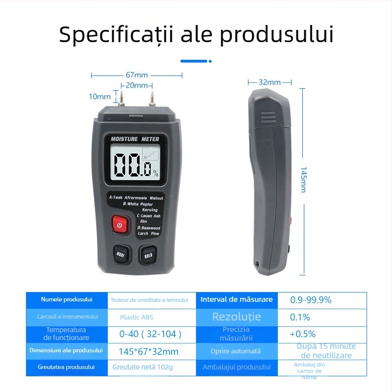 Test de umiditate a lemnului | Măsoară conținutul de umiditate | Potrivit pentru podele din lemn și cutii din carton (Marcă: Record Work)