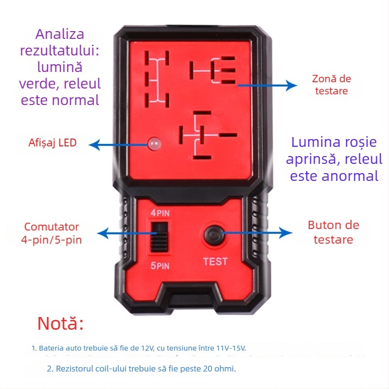 BJ-707 tester și analizor de relee auto pentru relee cu 4 pini și 5 pini, alimentare 12V, interval de temperatură -20°C până la 50°C, compatibil cu mașini de 12V