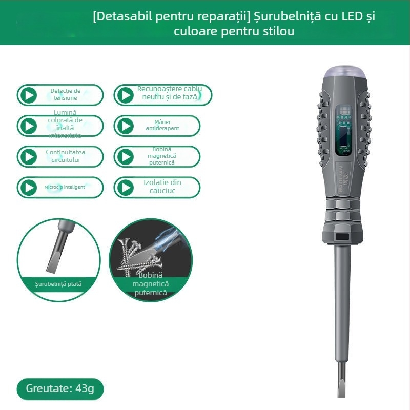 Stilou de testare multifuncțional pentru electricieni, cu indicator LED și șurubelniță magnetică