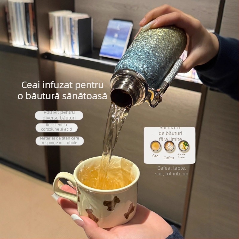 Cupe termice din titan, termos izolat cu interior și carcasă din titan, izolare 6–12 ore, portabil cu șnur de purtare, capac cu filet