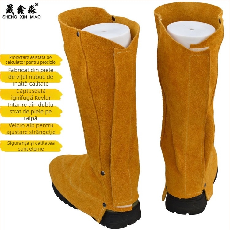 Protecție pentru picior și gambe pentru sudură - rezistent la uzură, izolație termică, ignifug, protecție împotriva scânteile, piele de viță în două straturi, model JH-01, pentru sudură electrică și prelucrarea metalelor