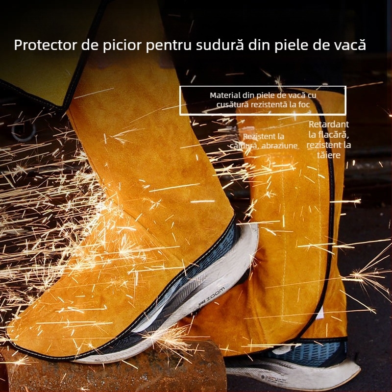 Protecție pentru picioare la sudură, din piele de vită cu două straturi, izolație termică, rezistentă la stropi, ignifugă