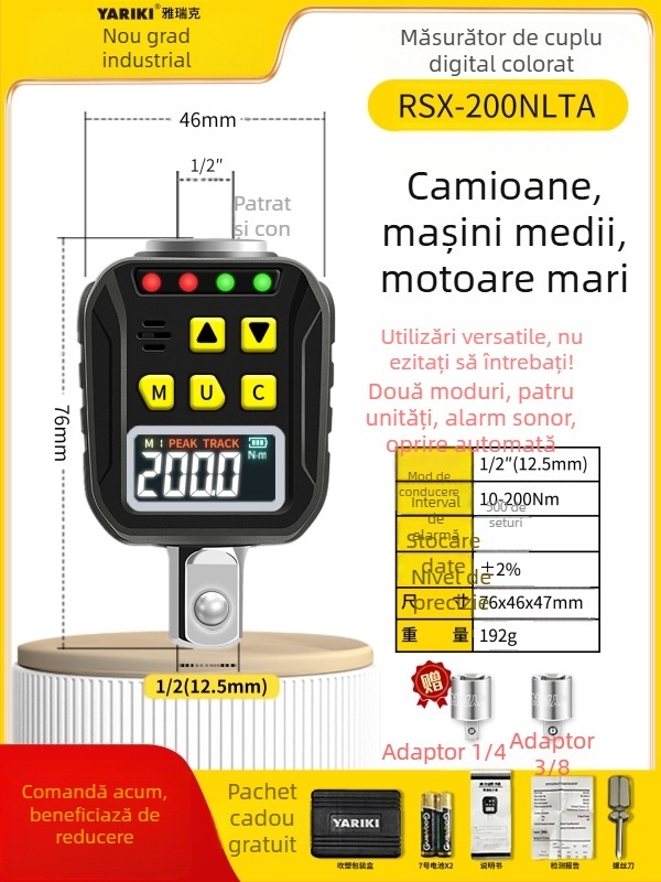 Yarik cheie dinamometrică cu afișaj digital, din oțel crom-vanadiu, precizie înaltă, ±2% în sensul acelor de ceas, ±2,5% în sens invers, greutate 200 g