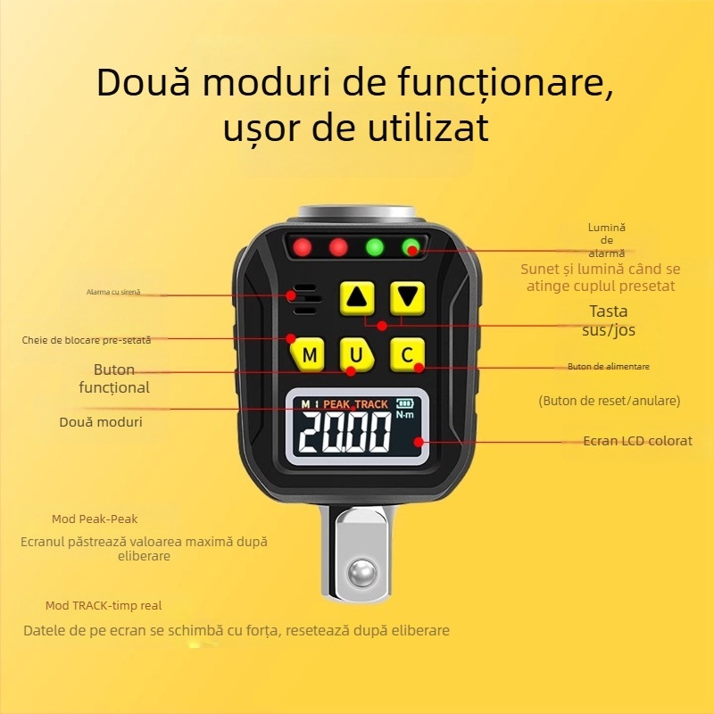 Yarik cheie dinamometrică cu afișaj digital, din oțel crom-vanadiu, precizie înaltă, ±2% în sensul acelor de ceas, ±2,5% în sens invers, greutate 200 g