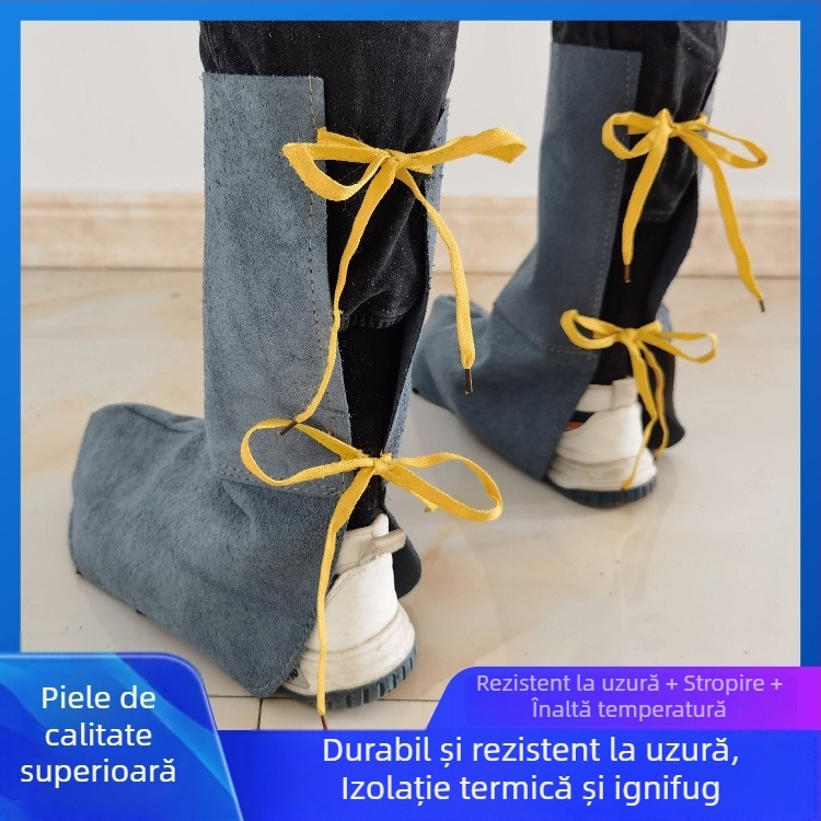 Protecție pentru picior și gambă la sudură, din piele de vițel, cu șireturi — rezistentă la abraziune, izolație termică, protecție pentru genunchi