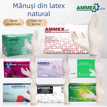 Mănuși de unică folosință Ammex, 10 cutii pe carton, pentru producție industrială, laboratoare, curățenie și protecție personală.