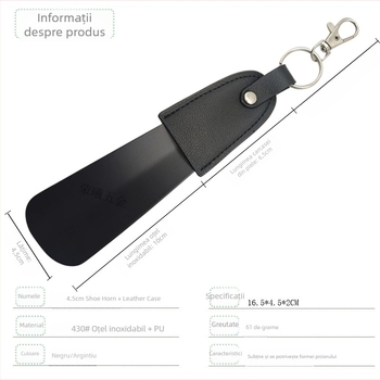Shoehorn cu breloc și husă din piele, oțel inoxidabil, portabil și compact, stil minimalist modern