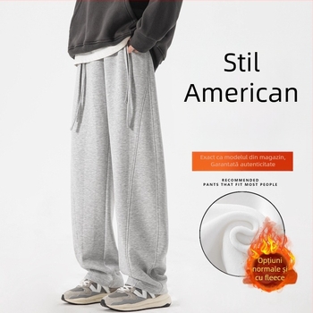 Pantaloni de trening pentru bărbați, cu fleece pe interior, croială dreaptă, talie mediu-înaltă cu șnur, buzunare multiple