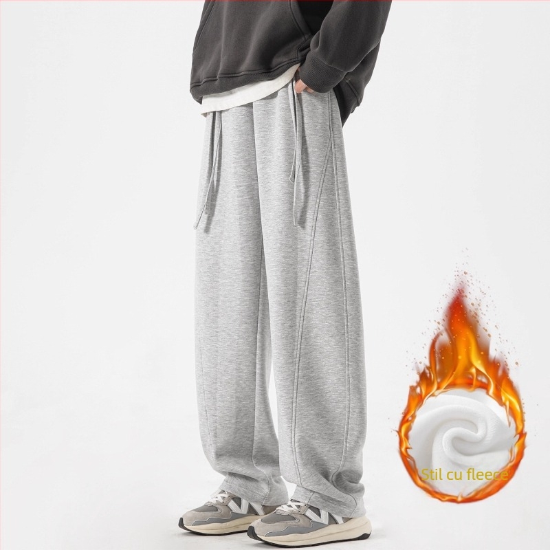 Pantaloni de trening pentru bărbați, cu fleece pe interior, croială dreaptă, talie mediu-înaltă cu șnur, buzunare multiple