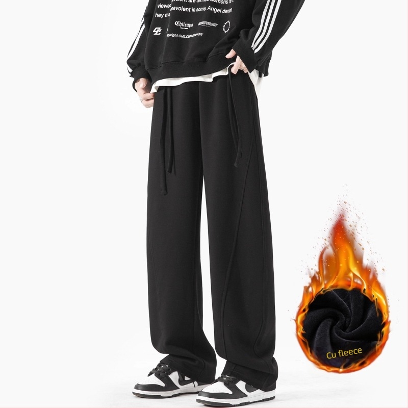 Pantaloni de trening pentru bărbați, cu fleece pe interior, croială dreaptă, talie mediu-înaltă cu șnur, buzunare multiple