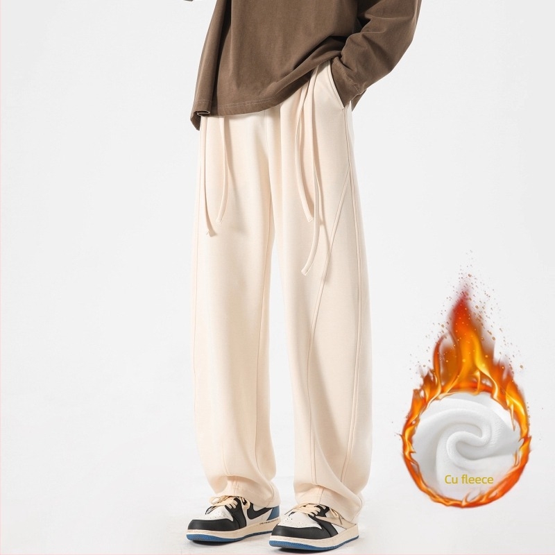 Pantaloni de trening pentru bărbați, cu fleece pe interior, croială dreaptă, talie mediu-înaltă cu șnur, buzunare multiple