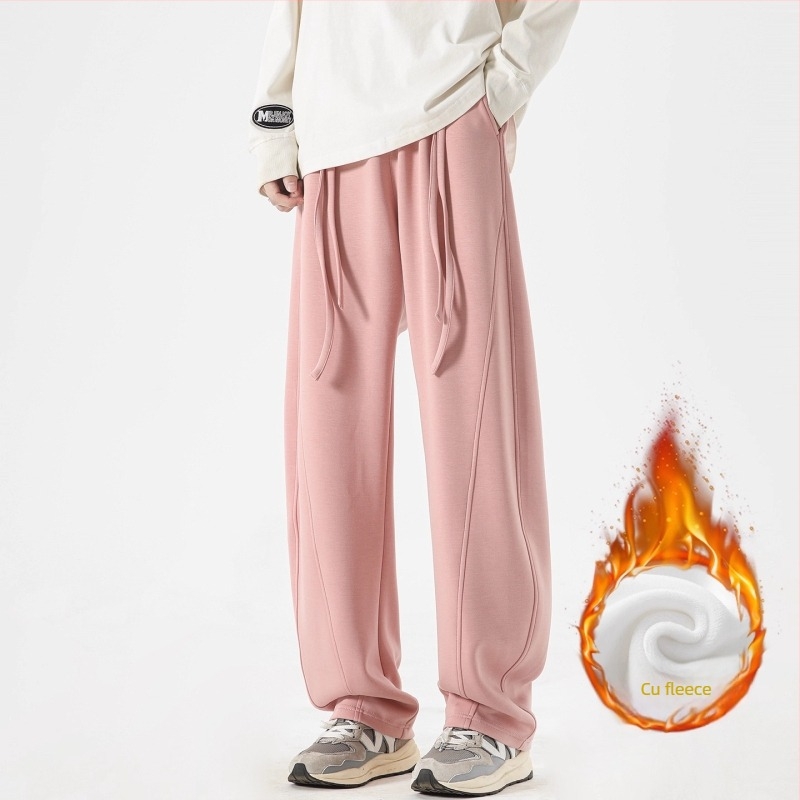 Pantaloni de trening pentru bărbați, cu fleece pe interior, croială dreaptă, talie mediu-înaltă cu șnur, buzunare multiple