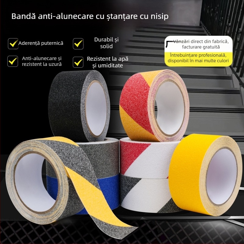 Bandă antiderapantă cu textură nisipoasă pentru scări, bază PVC, adeziv acrilic, interval de temperatură -20°C până la 80°C, aderență 80 N/m