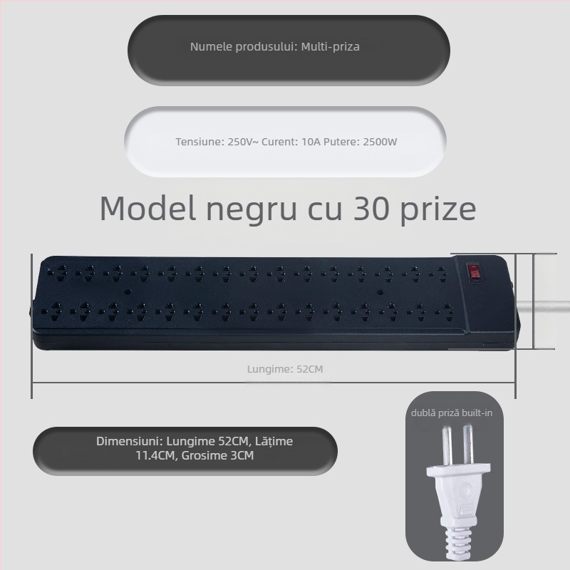 Priză de cablaj, 15/30 găuri, 10A, 220–250V, 2500W, Yaqi