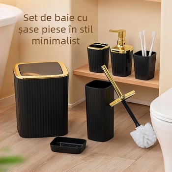 Set baie cu șase piese, din plastic; include coș de gunoi, perie pentru toaletă, sticluță cu pompă, săpunieră (material: plastic; număr produs: 100; imprimare logo personalizată: da; procesare personalizată: da)