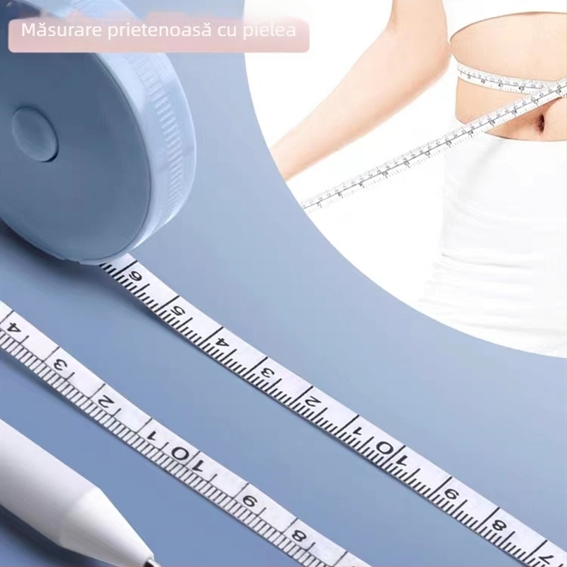 Bandă retractabilă din plastic cu aspect piele moale; măsoară înălțimea și talia, ideală pentru sport și fitness.