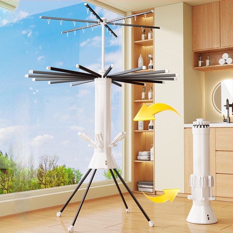 Raft de uscare pe podea pliabil, formă rotundă, din oțel carbon, stil modern minimalist, pentru interior