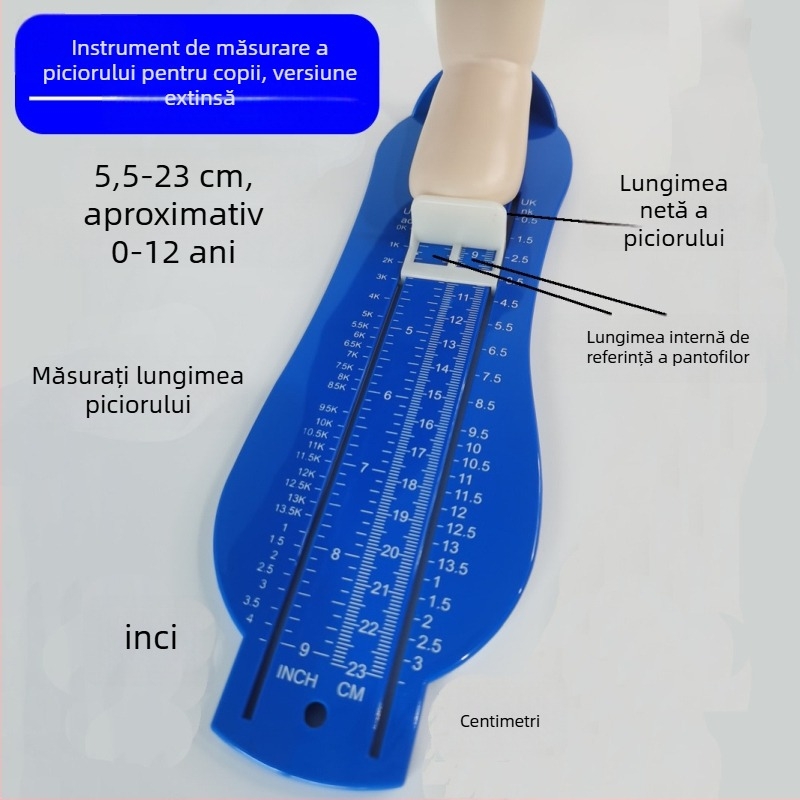 Versiune extinsă: dispozitiv de măsurat piciorul pentru copii – 5,5–23 cm, măsurare în inci și centimetri, mărime UK, pentru copii de 2 ani