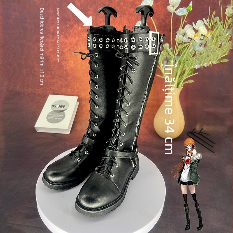 Botine cosplay pentru Futaba Sakura (Persona 5) cu vârf rotund, partea superioară din microfibră, talpă PU, închidere cu fermoar, toc drept 1–3 cm