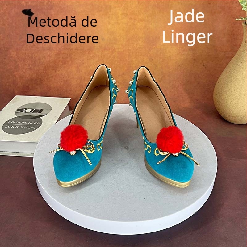 Pantofi cosplay pentru femei cu vârf ascuțit, partea superioară din fibră super, talpă PU, toc înalt 6-8 cm, potriviți pentru toate sezoanele