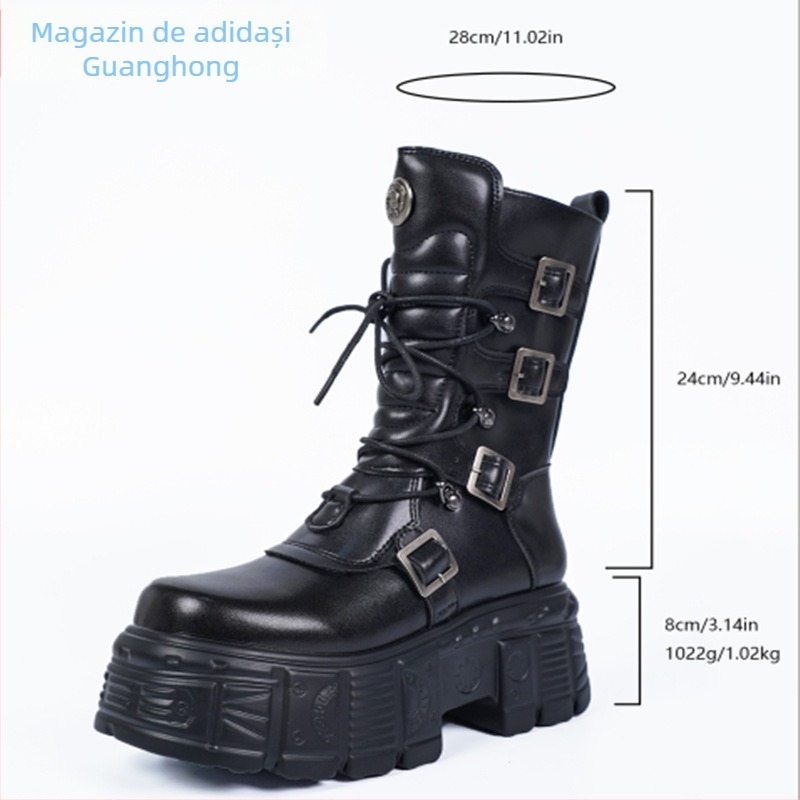 Ghete Martin cu PU, talpă din cauciuc, vârf rotund, fermoar pe lateral și talpă groasă, înălțime 6–8 cm