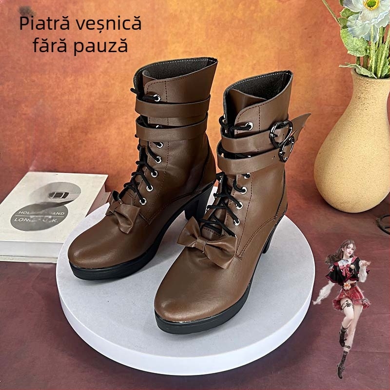 Ghete cosplay pentru femei – vârf rotund, Material superior: Super Fiber, Înălțime toc: 6–8 cm, Sezoane: vară, iarnă, primăvară, toamnă