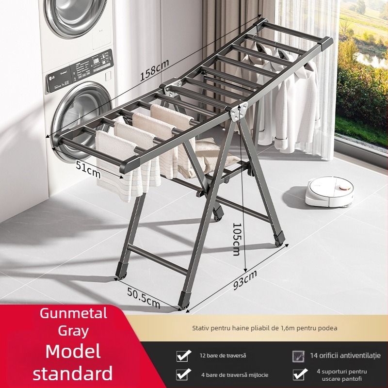 Uscător de haine autoportant, din aliaj de aluminiu, pliabil, design cu formă de aripă, stil modern minimalist
