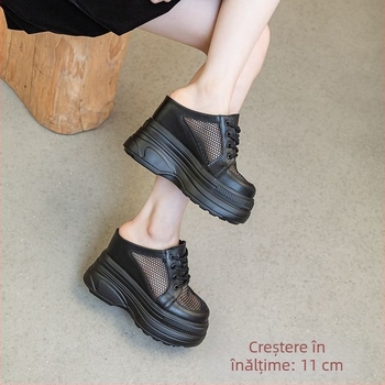 Pantofi damă cu platformă 11 cm, din piele split autentică, slip-on, vârf rotund, interior PU și talpă PU