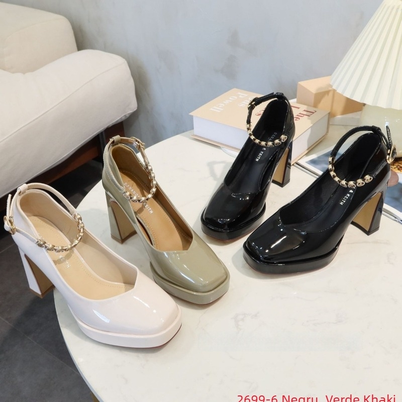 Pantofi cu toc înalt, vârf pătrat, închidere cu cataramă, partea superioară din PU artificial, toc gros, pentru purtare zilnică