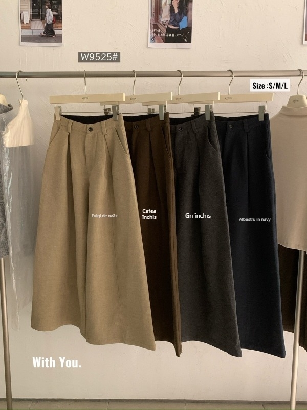 Kittin Pantaloni casual din amestec de lână și poliester, talie înaltă, croială largă cu plisă, micro-elasticitate