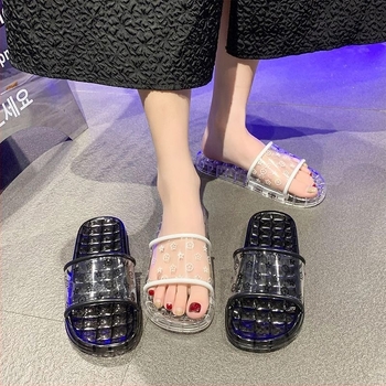 Sandale plate cu cristale pentru femei, partea superioară PU, talpă din cauciuc, anti-derapare, vara 2025