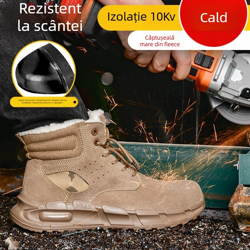 Încălțăminte de protecție pentru muncă, anti-șoc și anti-perforație, izolată, înaltă, din nubuk și talpă din cauciuc, vârf din plastic