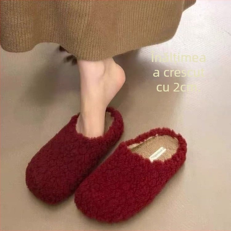 Papuci de casă nubuc, căptușiți cu blană artificială, talpă din plastic, design slip-on, talpă plată