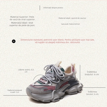 Adidași dama cu talpă groasă, din piele de vită de primă calitate, branță din piele de porc, talpă din spumă de cauciuc, închidere cu șireturi, platformă 6–8 cm, primăvară/toamnă