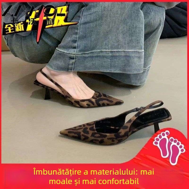 Sandale pentru femei cu imprimeu leopard, toc înalt, vârf ascuțit, partea superioară PU, slip-on, talpă din cauciuc.