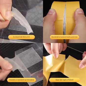 Bandă adezivă dublu față, pe bază de pânză, pentru fixarea covoarelor — antiderapantă, aderență înaltă, grosime 0.25 mm, substrat din fibră de plasă de polietilenă, viscozitate 600 N/m, folie de eliberare, miez de carton
