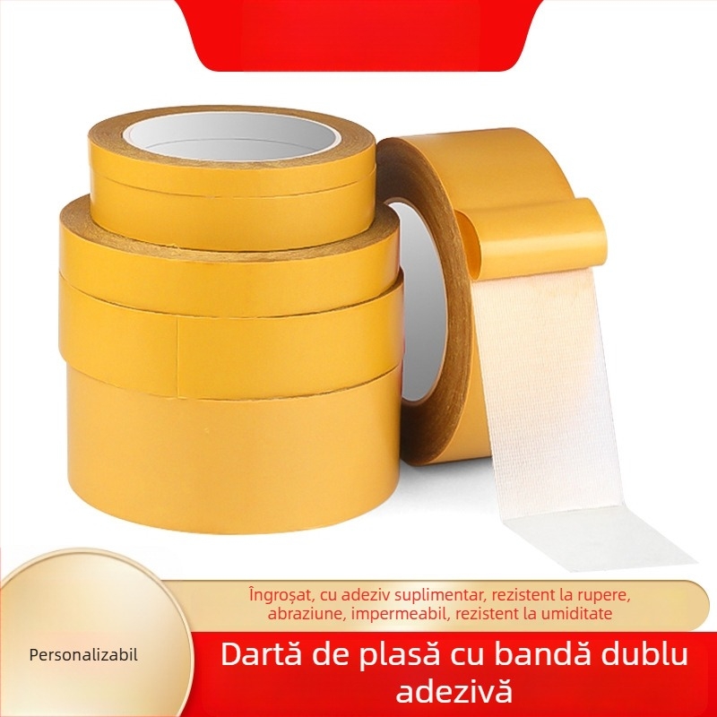 Bandă adezivă dublu față, pe bază de pânză, pentru fixarea covoarelor — antiderapantă, aderență înaltă, grosime 0.25 mm, substrat din fibră de plasă de polietilenă, viscozitate 600 N/m, folie de eliberare, miez de carton
